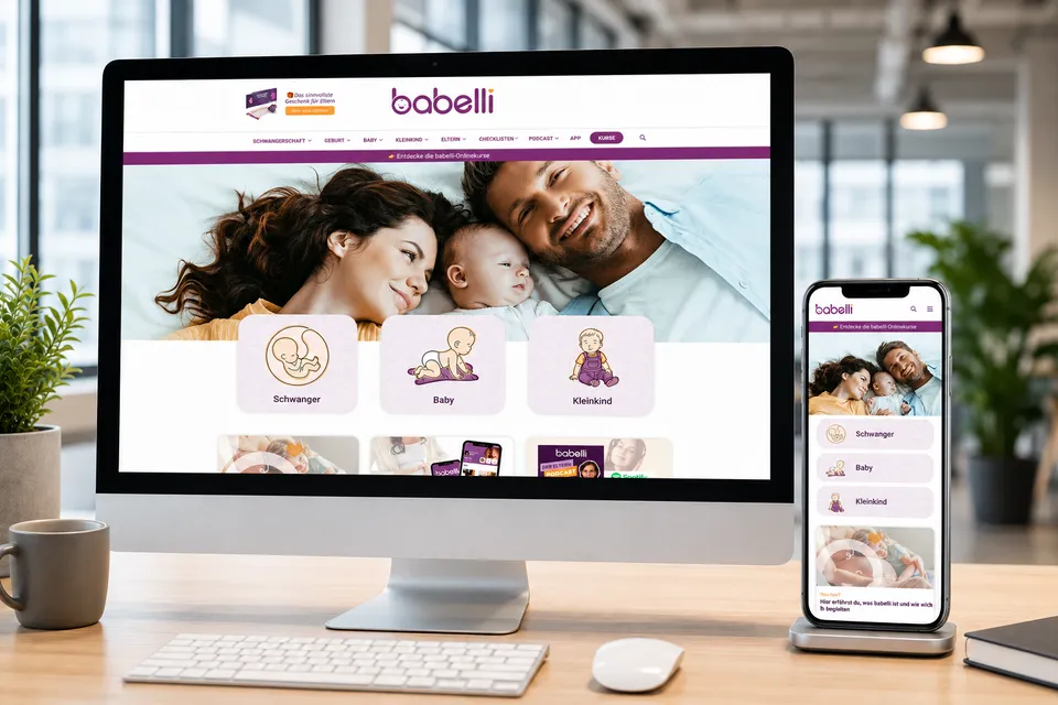 Startseite von babelli.de auf einem Desktop-Monitor und einem Smartphone
