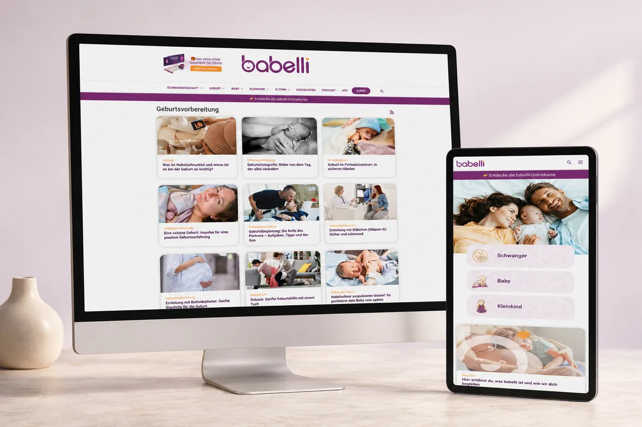 A birth preparation category page on babelli.de shown on desktop and tablet
