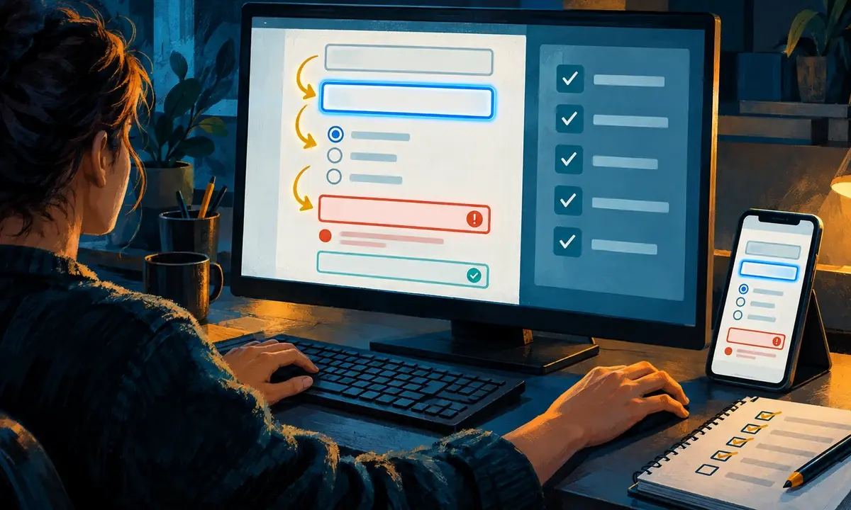 Illustration of accessible website-form testing with keyboard, error feedback, and a checklist