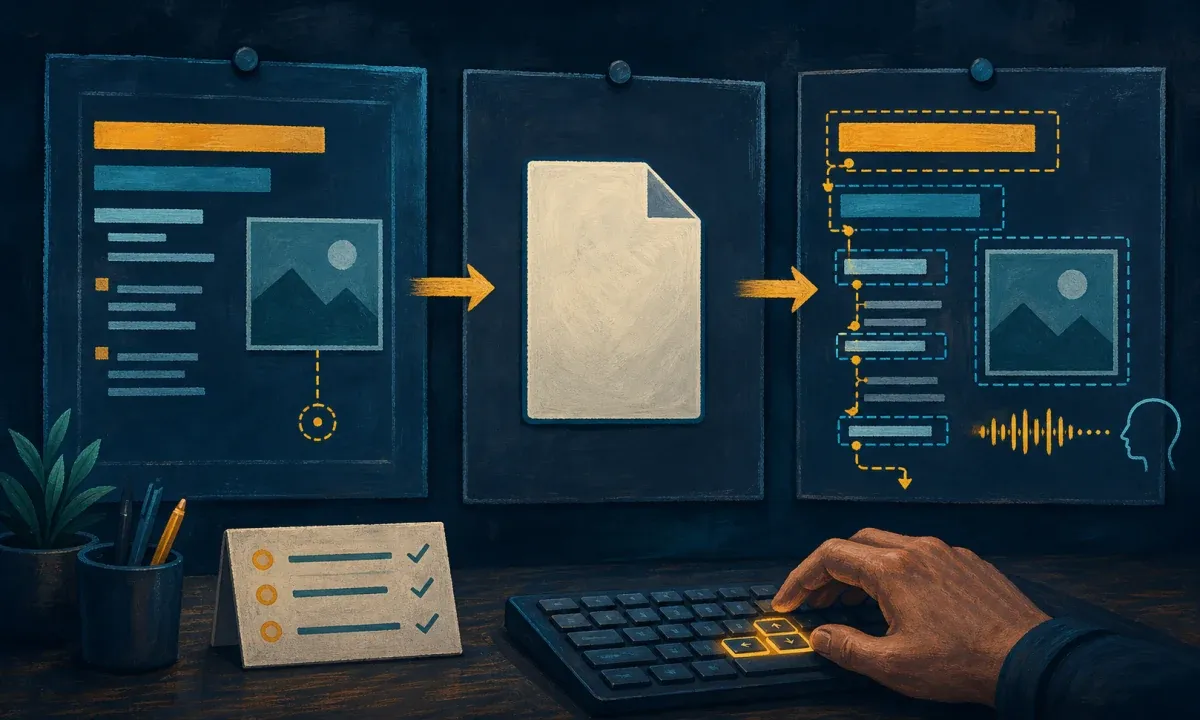Illustration eines Prüfprozesses für barrierefreie Dokumente: Struktur im Quelldokument, Export und Test mit Tastatur und Screenreader