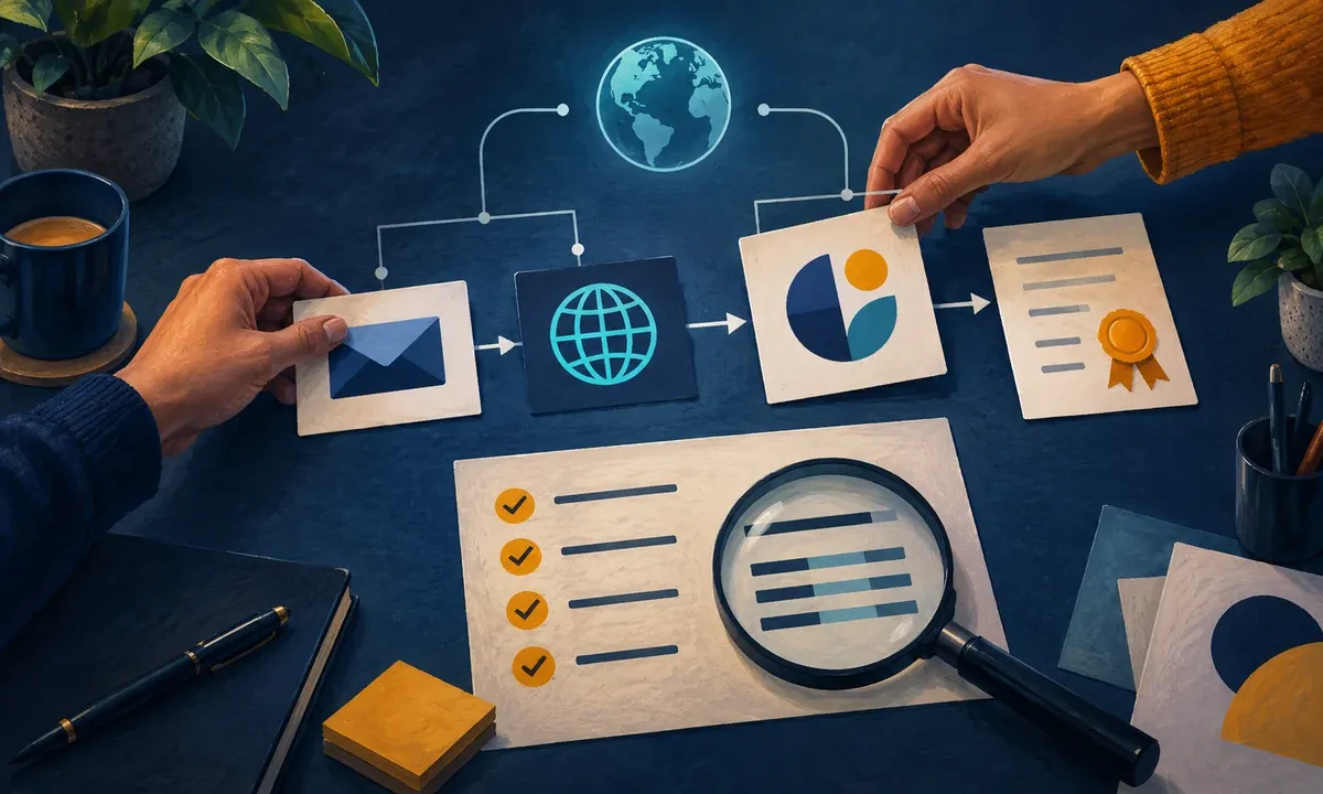 Illustration of a BIMI workshop with email, domain, brand indicator, certificate and validation checklist