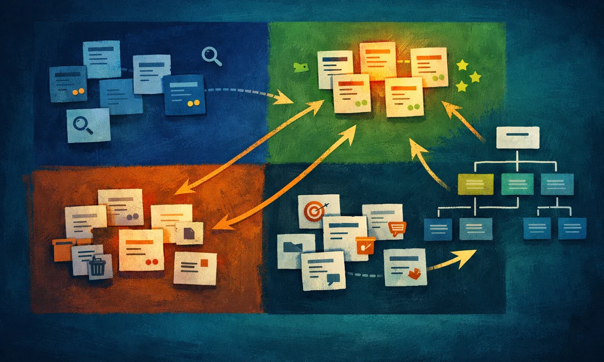 Illustration eines Website-Content-Audits mit Seitenkarten, Strukturplan und Bewertungsmarkern