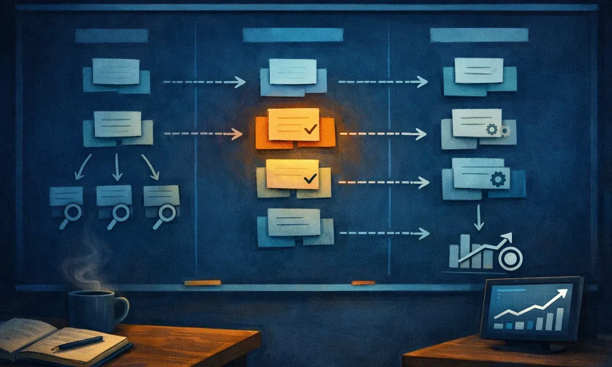 Illustration eines Redaktionsboards zur Priorisierung von Content-Hub-Themen, internen Links und Veröffentlichungsschritten