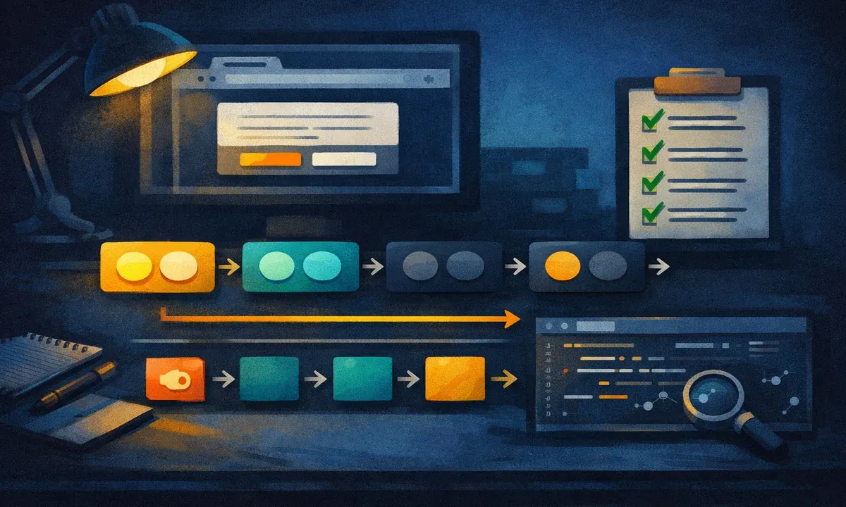 Illustration eines Consent-Mode-Testplans mit GTM-Reihenfolge, CMP-Update und GA4-Debugging