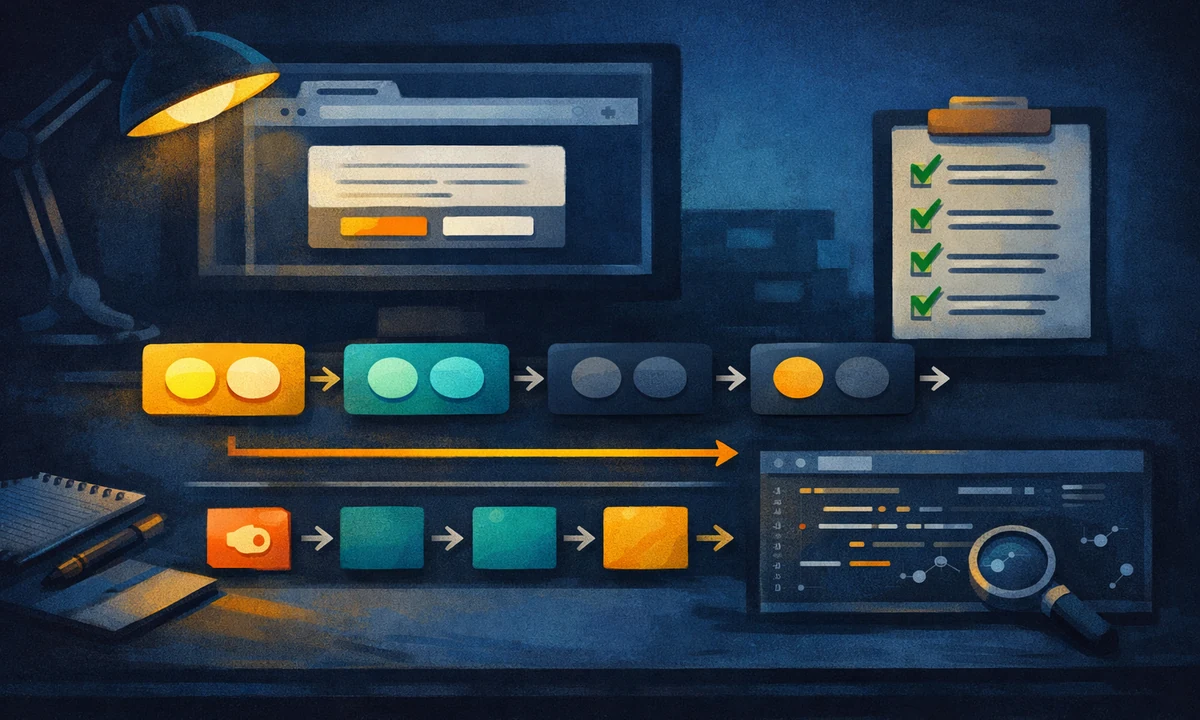 Illustration eines Consent-Mode-Testplans mit GTM-Reihenfolge, CMP-Update und GA4-Debugging
