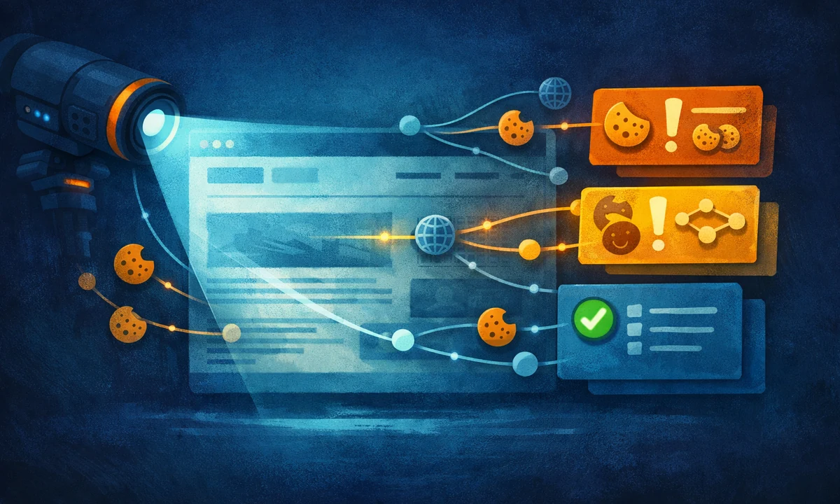 Illustration eines technischen Datenschutz-Scans, der Cookies und Drittanbieter-Requests vor dem Launch sichtbar macht