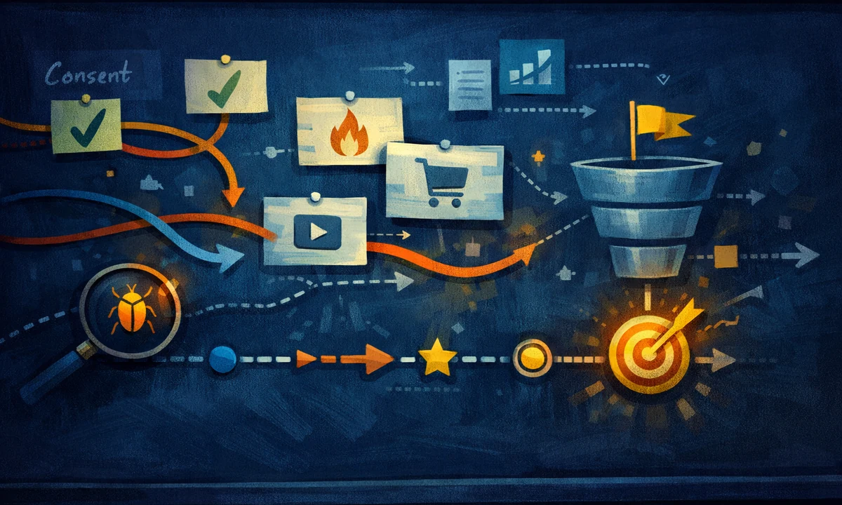 Illustration eines GA4-Tagging-Plans mit Consent-Signalen, Events und Kampagnenmessung
