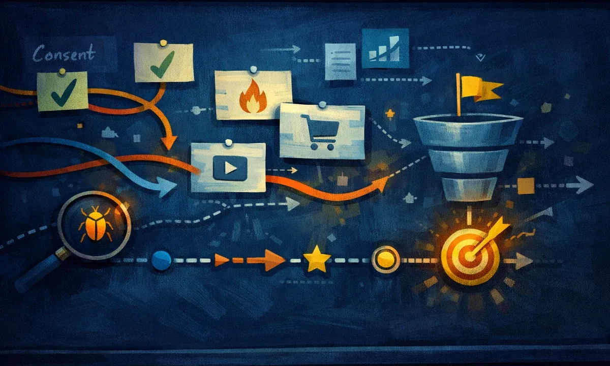 Illustration eines GA4-Tagging-Plans mit Consent-Signalen, Events und Kampagnenmessung
