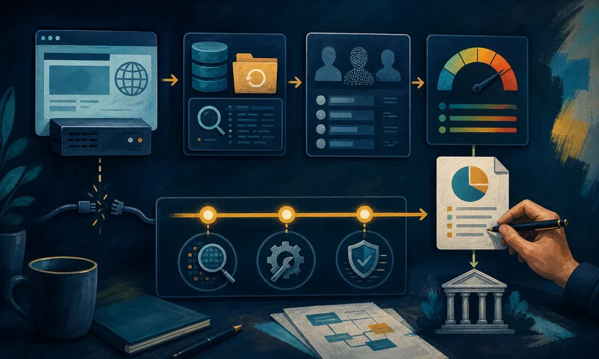 Illustration of a structured incident response process with website, data review, risk assessment and authority notification
