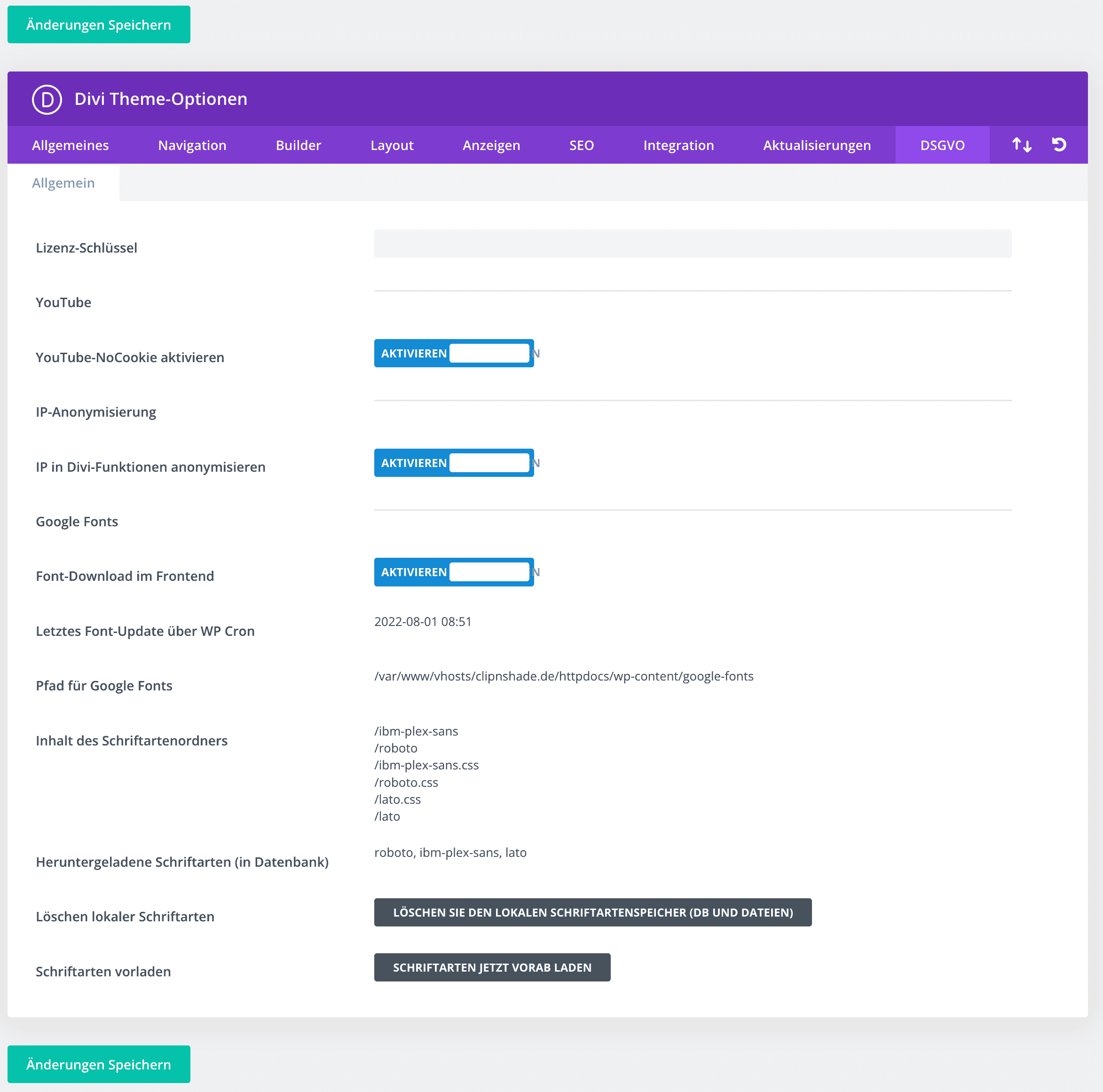 Divi DSGVO & Google Fonts - Einstellungen