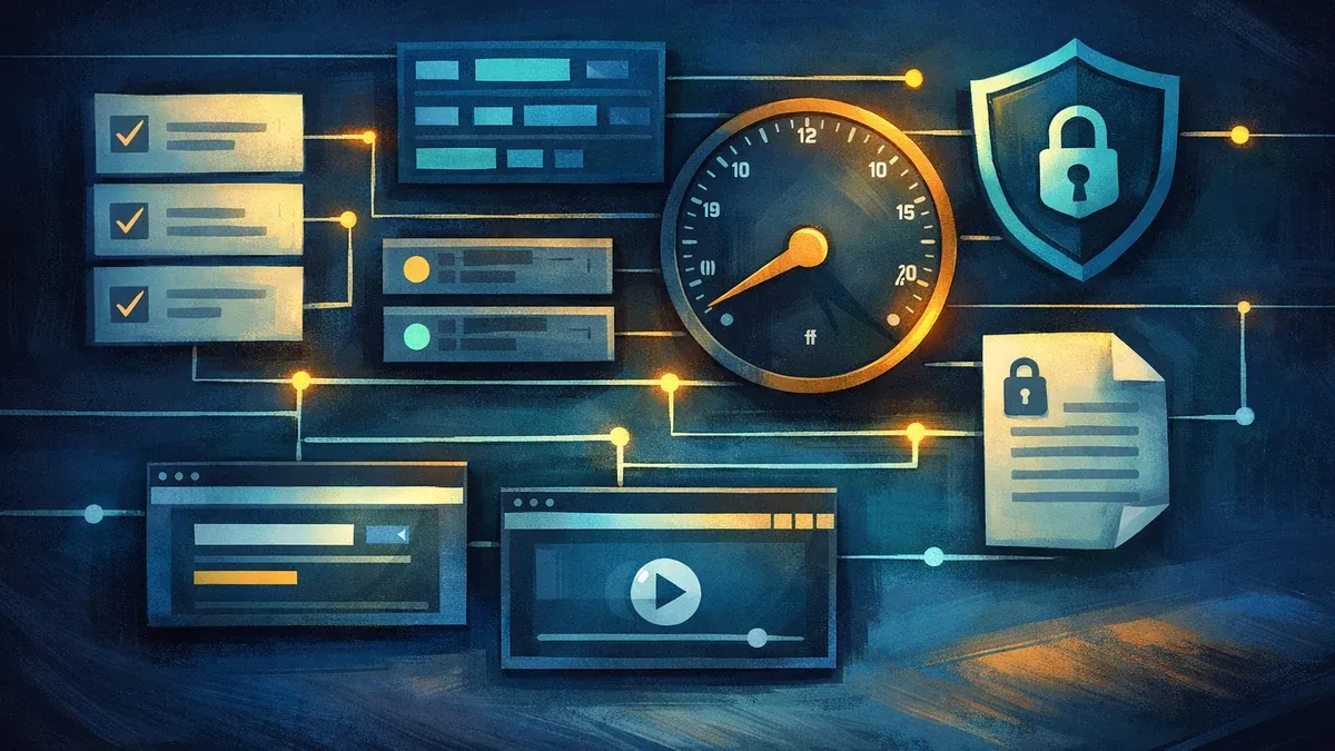 Illustration einer technischen Checkliste für Cache-Regeln, DNS, Sicherheit und Datenschutz
