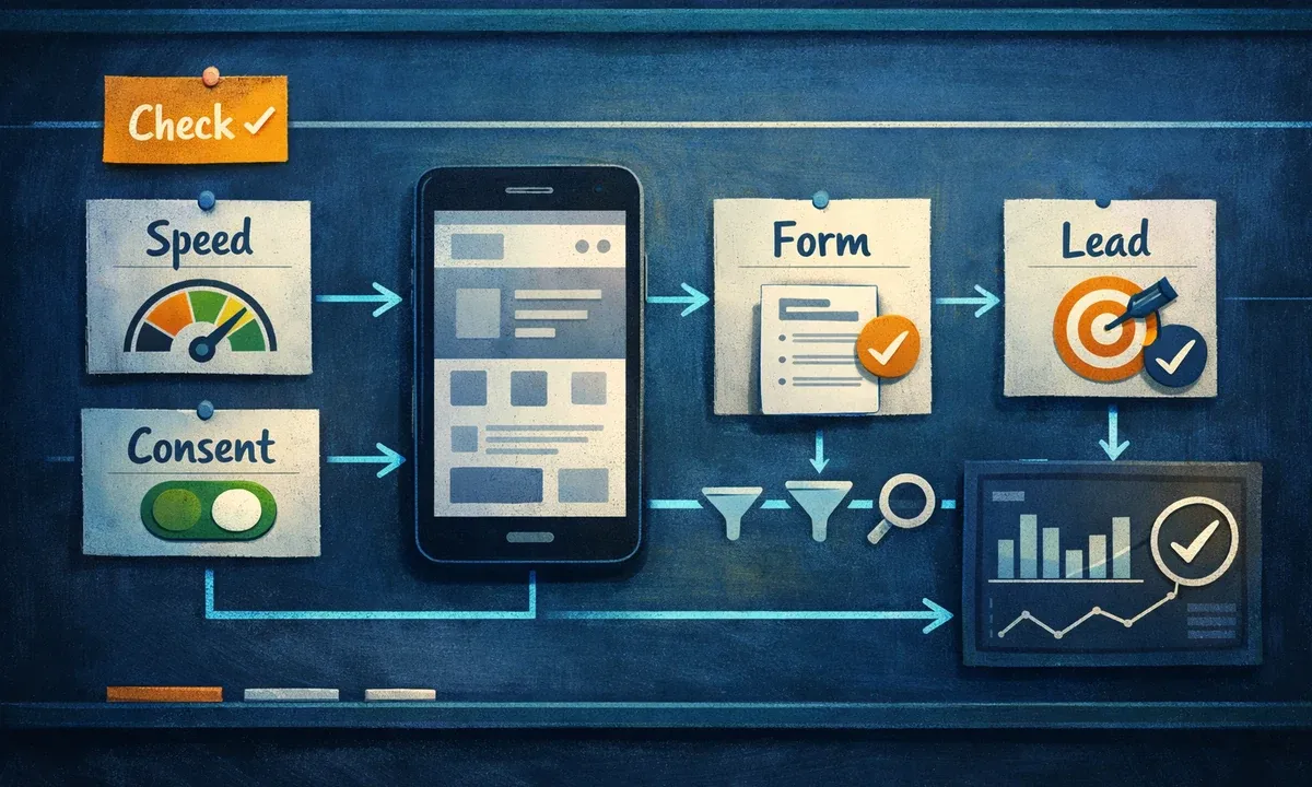 Illustration of a Google Ads landing page QA checklist with speed, consent, form and lead measurement