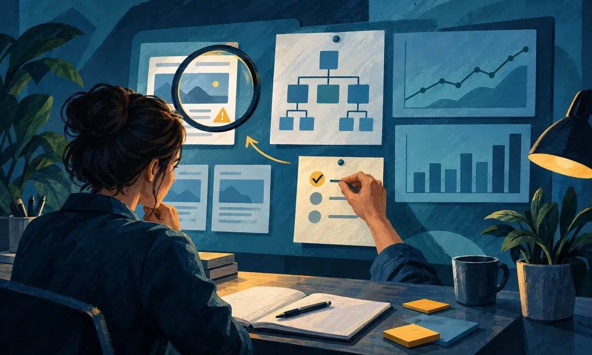 Illustration einer regelmäßigen Website-Prüfung mit Seitenstatus, Sitemap, Suchdaten und Maßnahmenliste