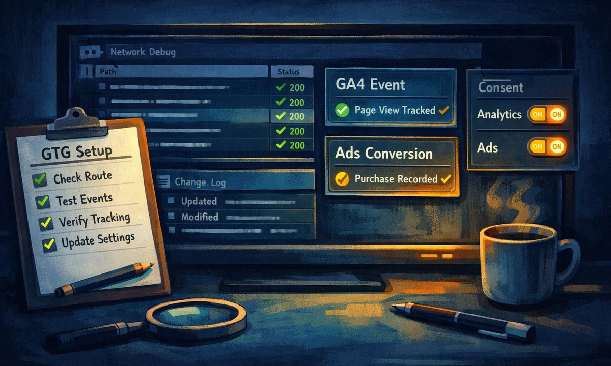 Illustration eines technischen QA-Boards für Google Tag Gateway mit Debugging, Consent-Zuständen und Conversion-Prüfung