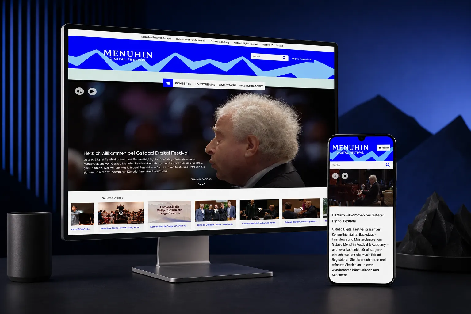 Responsive Darstellung des Gstaad Digital Festival auf Desktop und Smartphone