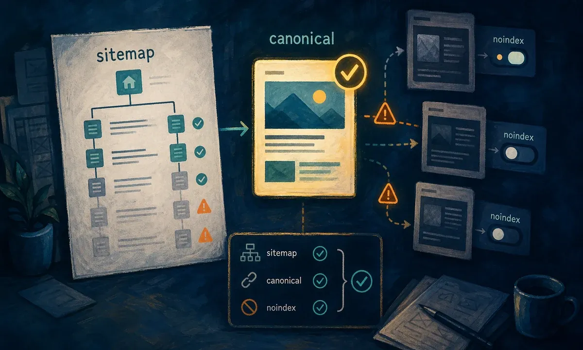 Illustration showing how sitemap, canonical and noindex signals should align in WordPress