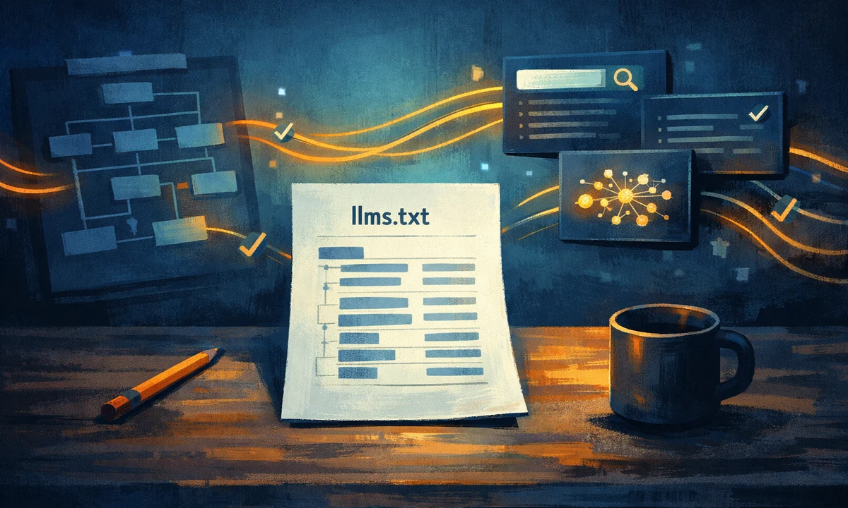 Illustration einer llms.txt-Datei als strukturierter Wegweiser zwischen Website, Sitemap und KI-Crawlern