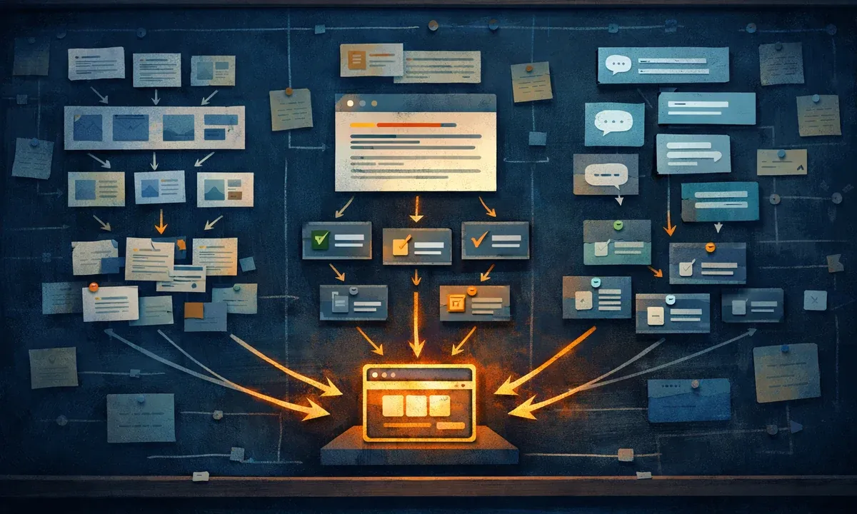 Illustration eines Vergleichs von Google AI Overviews, Perplexity und ChatGPT mit unterschiedlichen Quellenpfaden