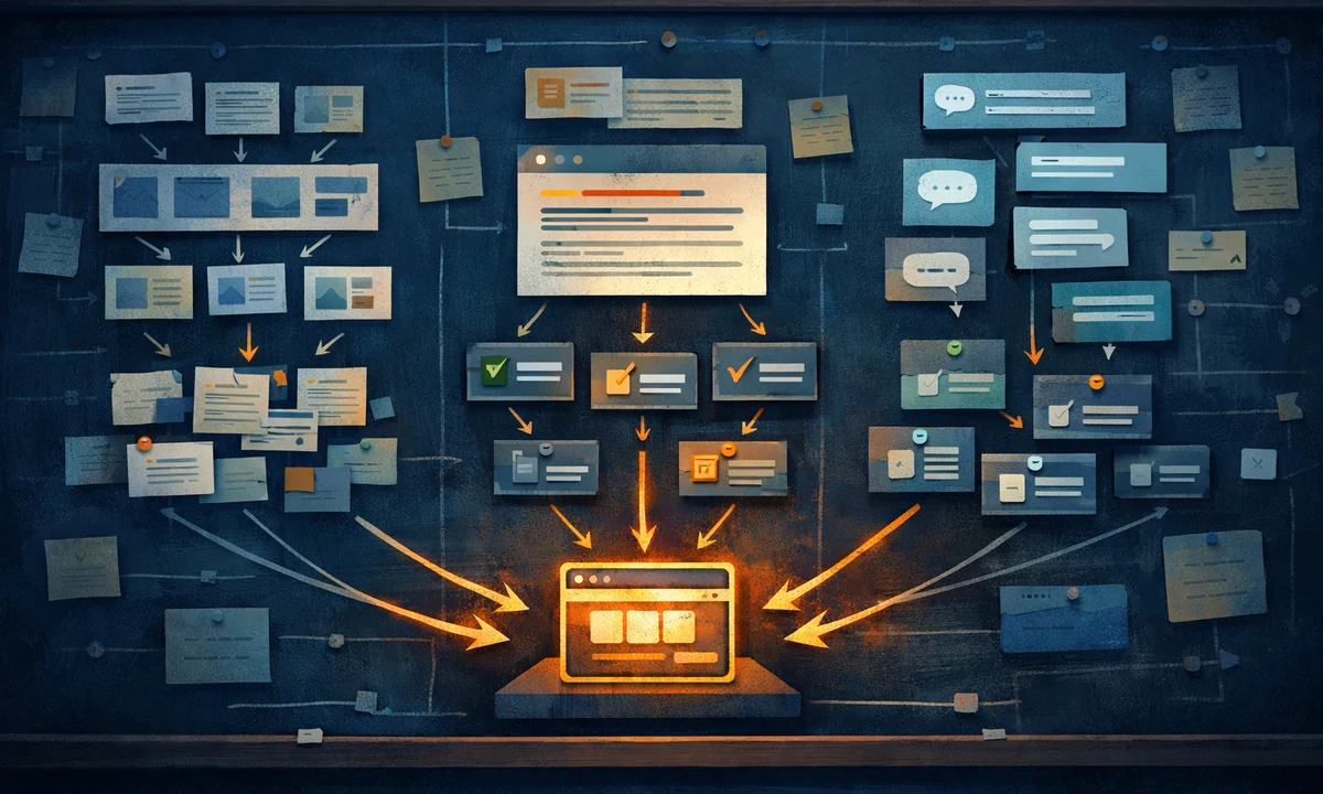 Illustration eines Vergleichs von Google AI Overviews, Perplexity und ChatGPT mit unterschiedlichen Quellenpfaden