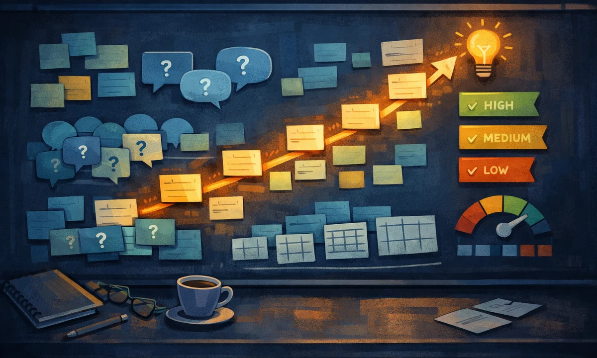 Illustration eines Redaktionsboards, das Prompt-Chancen, Themencluster und KI-Suchfragen priorisiert