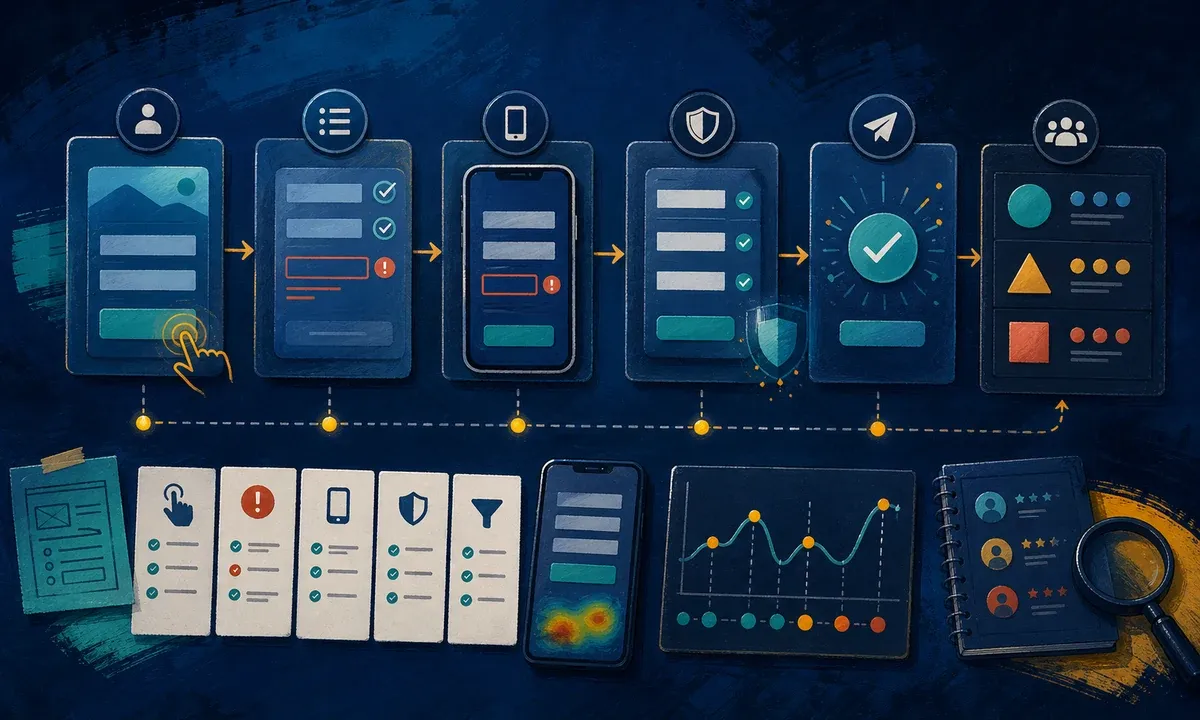 Illustration einer Formular-Checkliste mit mobiler Bedienung, Fehlerzuständen, Spam-Schutz und Lead-Bewertung