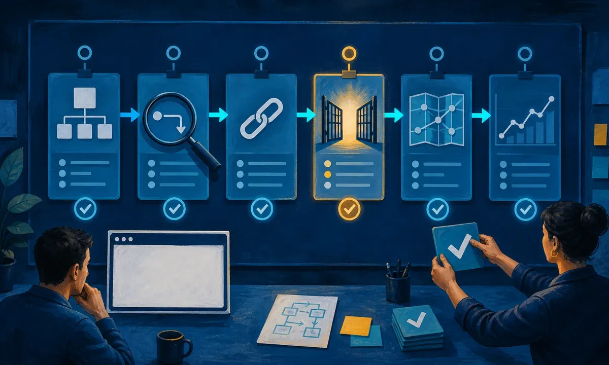 Illustration of SEO relaunch quality assurance with URL mapping, redirects, release checks, sitemap and monitoring