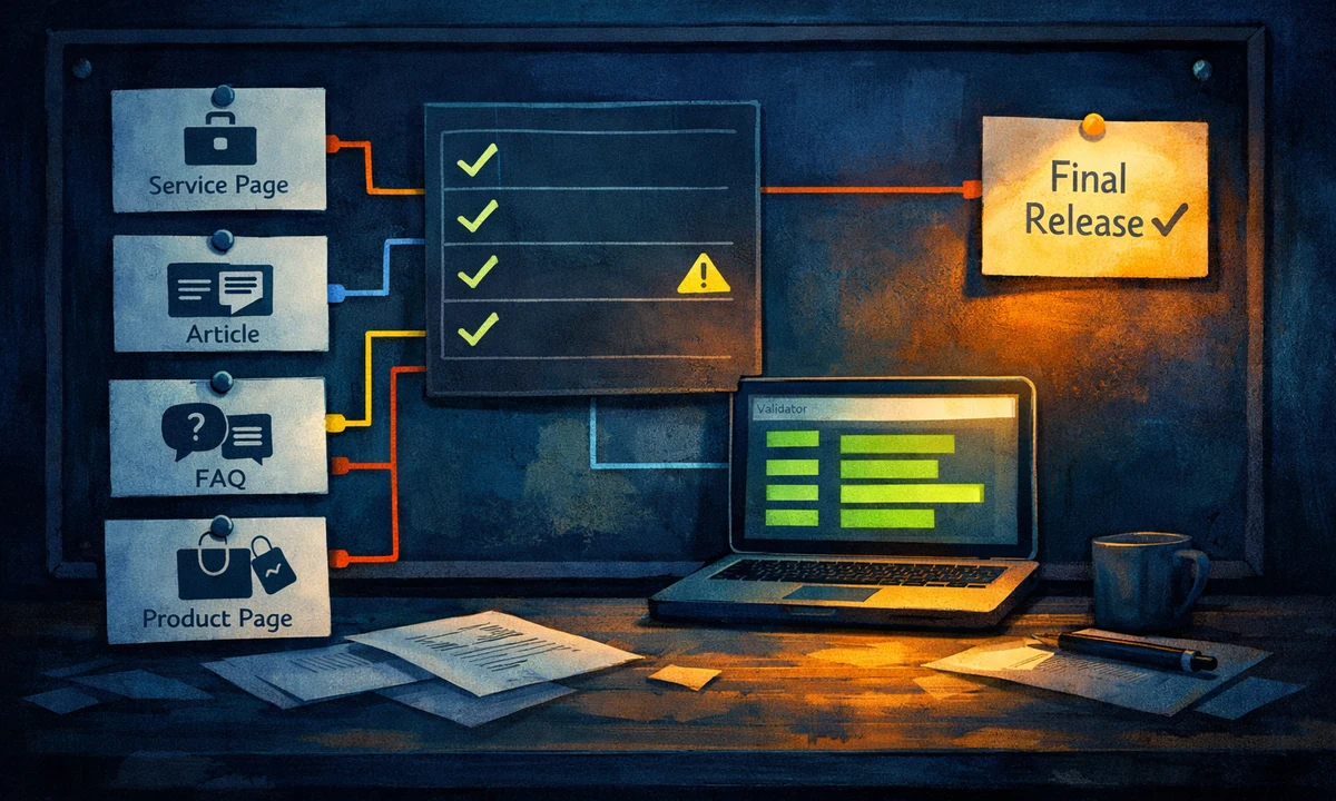 Illustration of a structured data check with page types, validator and release process