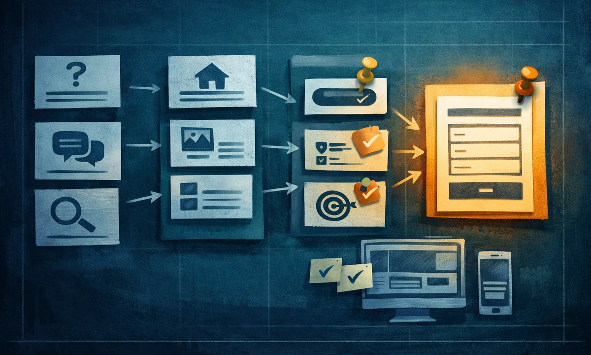 Illustration of website planning with structure mapping, user questions and an inquiry path