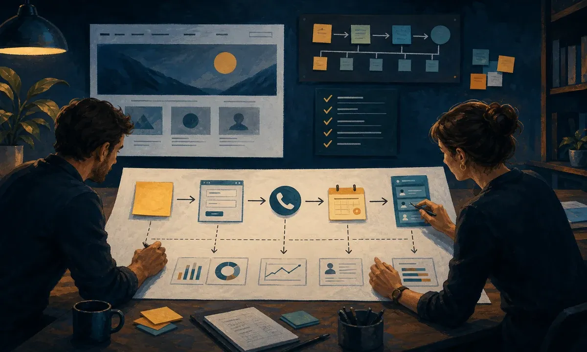 Illustration eines Workshop-Boards für Website-KPIs mit Kontaktweg, Kalender, CRM-Ergebnis und Prüfschritten