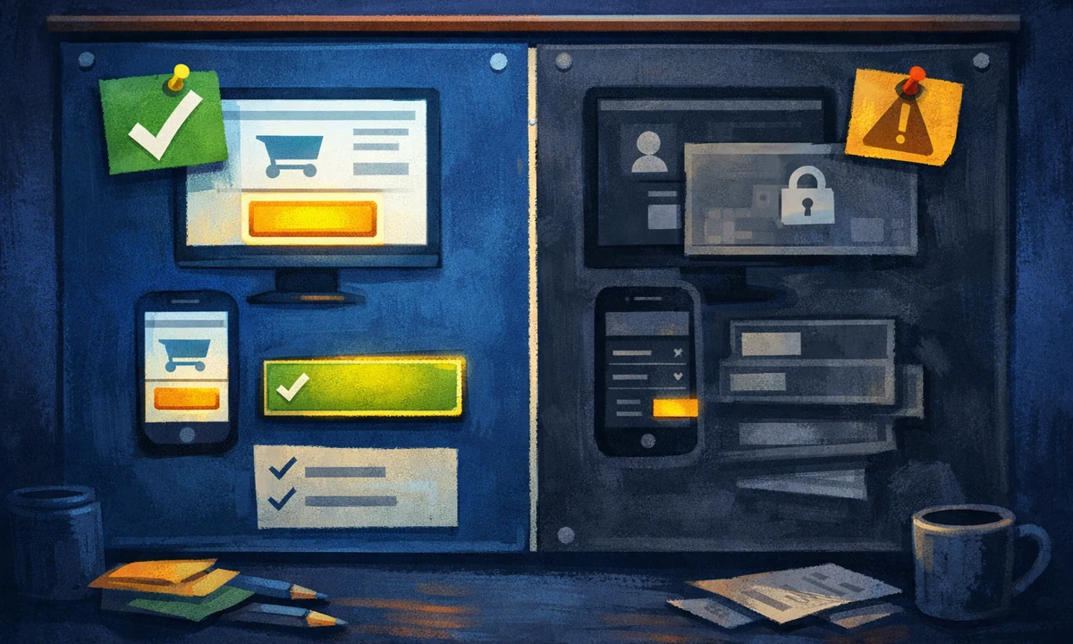Illustration eines Do-und-Don't-Vergleichs für korrekte Widerrufsbutton-Beschriftungen und problematische Service-Begriffe