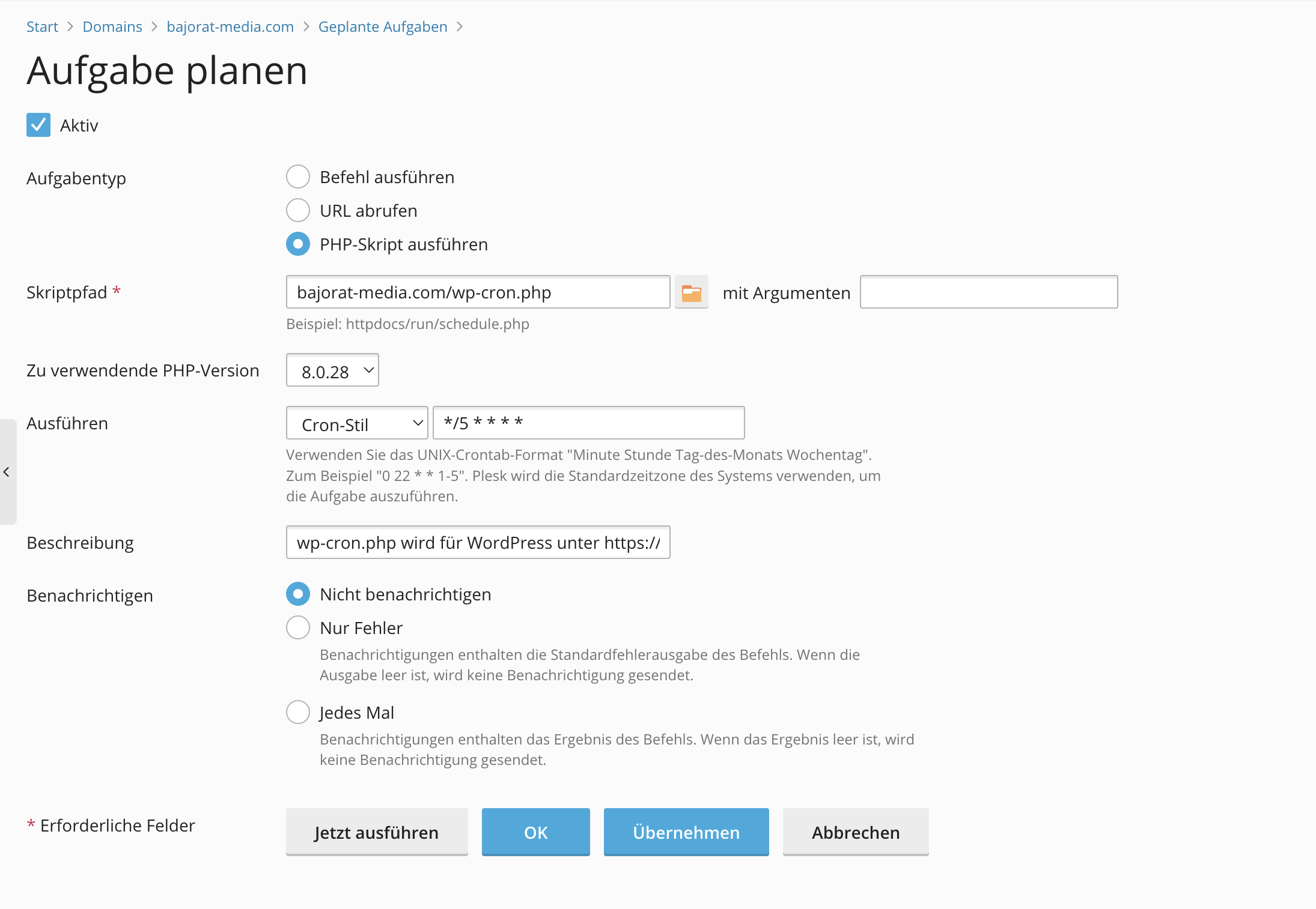 WordPress cron job in Plesk