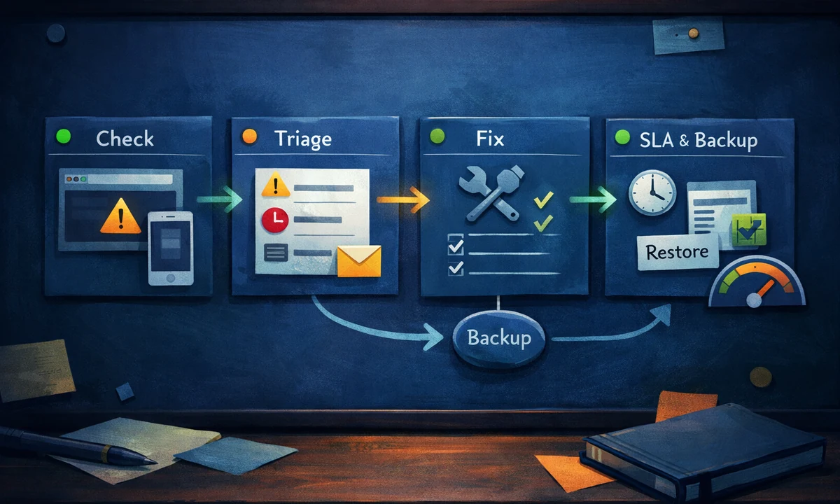 Illustration eines Monitoring-Workflows von Check über Fehlerbewertung bis Dokumentation
