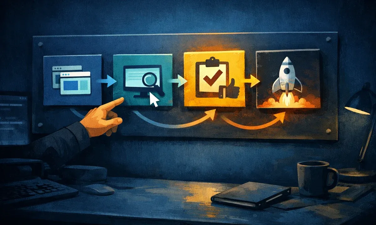 Illustration eines WordPress-Staging-Ablaufs von Kopie über Test bis Livegang