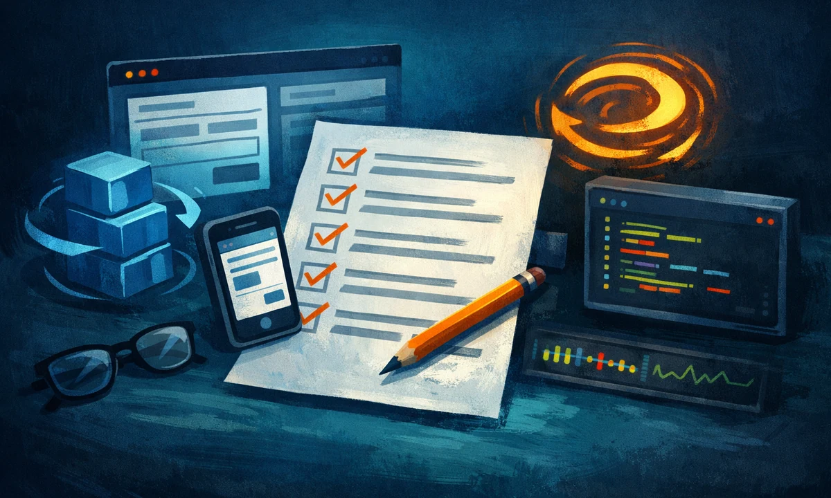 Illustration einer WordPress-Update-Checkliste mit Staging, Backup, Plugin-Prüfung und Live-Freigabe