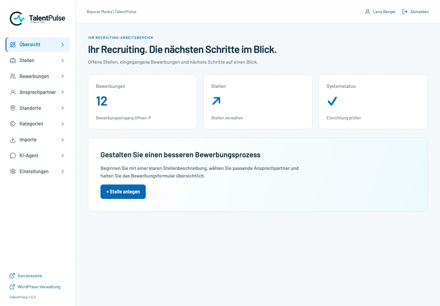 TalentPulse-Arbeitsbereich mit Übersicht über Stellen, Bewerbungseingang und nächste Aufgaben