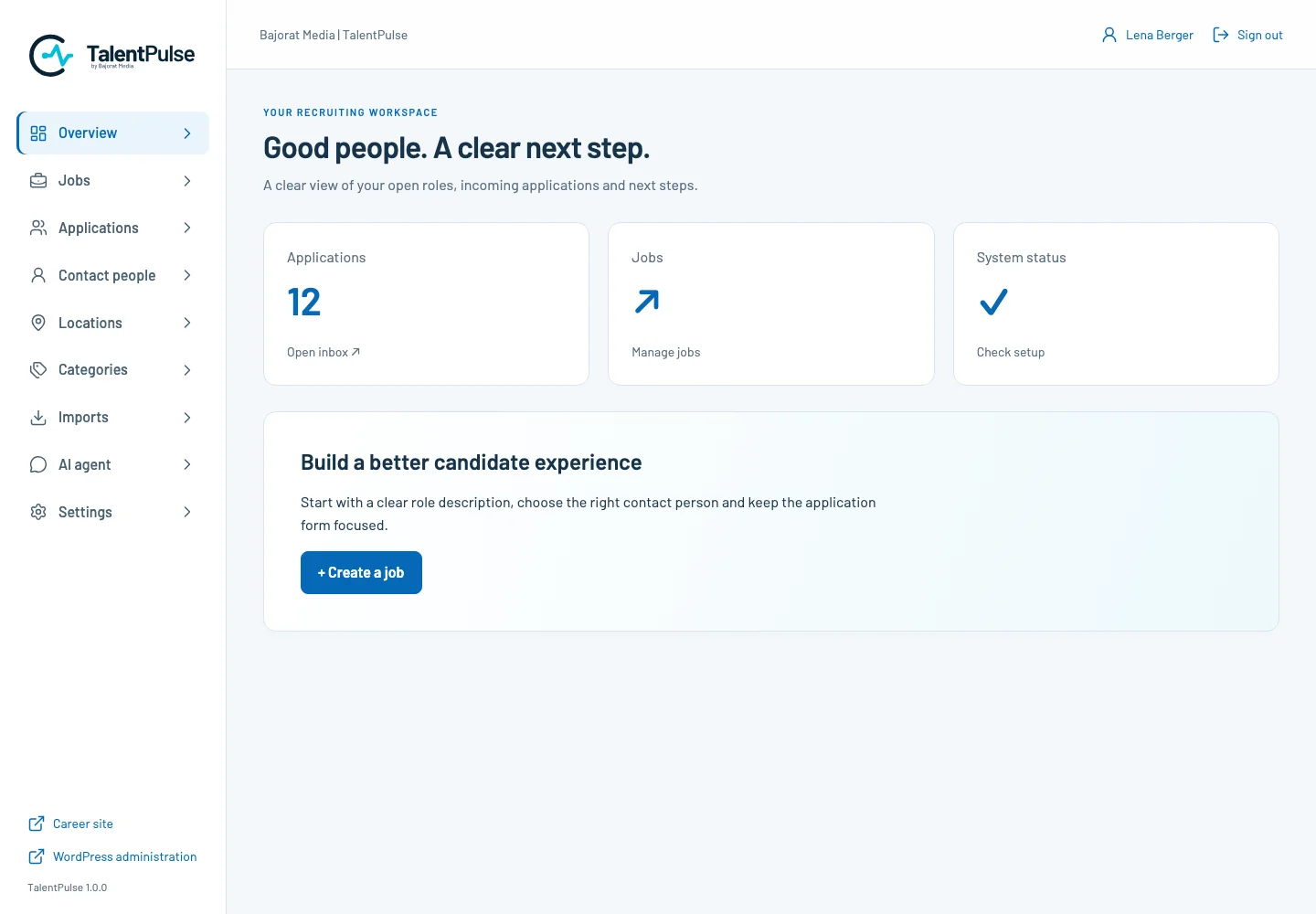 TalentPulse workspace showing job management, incoming applications and next steps